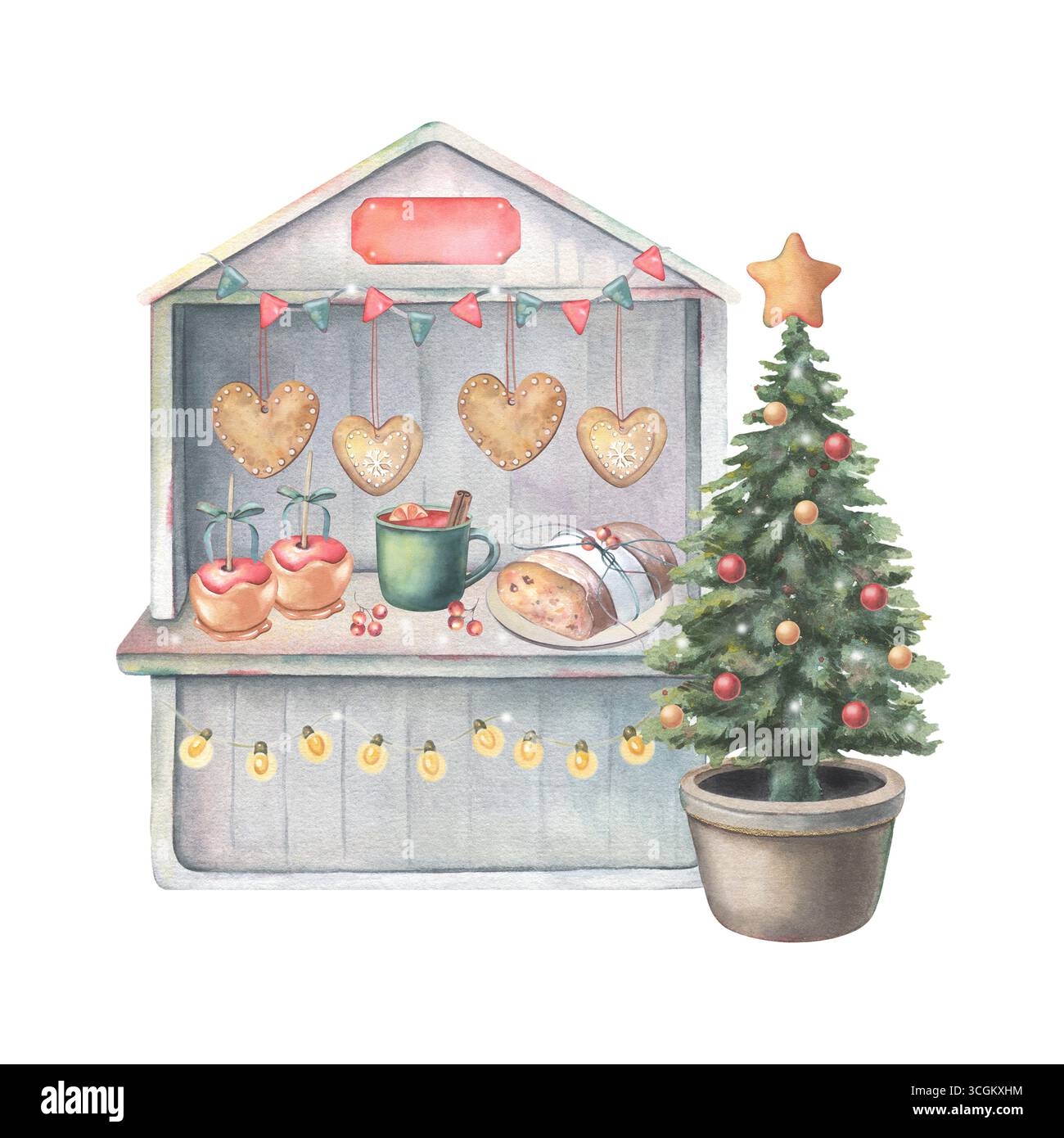 Mercatino d'epoca, albero di Natale, bandiere, luci, cartelli vuoti, cibo e bevande tradizionali festivi. Illustrazione ad acquerello dipinta a mano Foto Stock