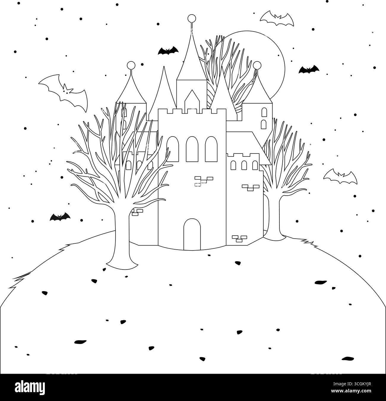 Halloween, un castello infestato da fantasmi su una collina. Torre spettrale con alberi e pipistrelli spaventosi. Festa di Halloween con scherzi o scherzi. Pagina di colorazione vettoriale in bianco e nero. Illustrazione Vettoriale