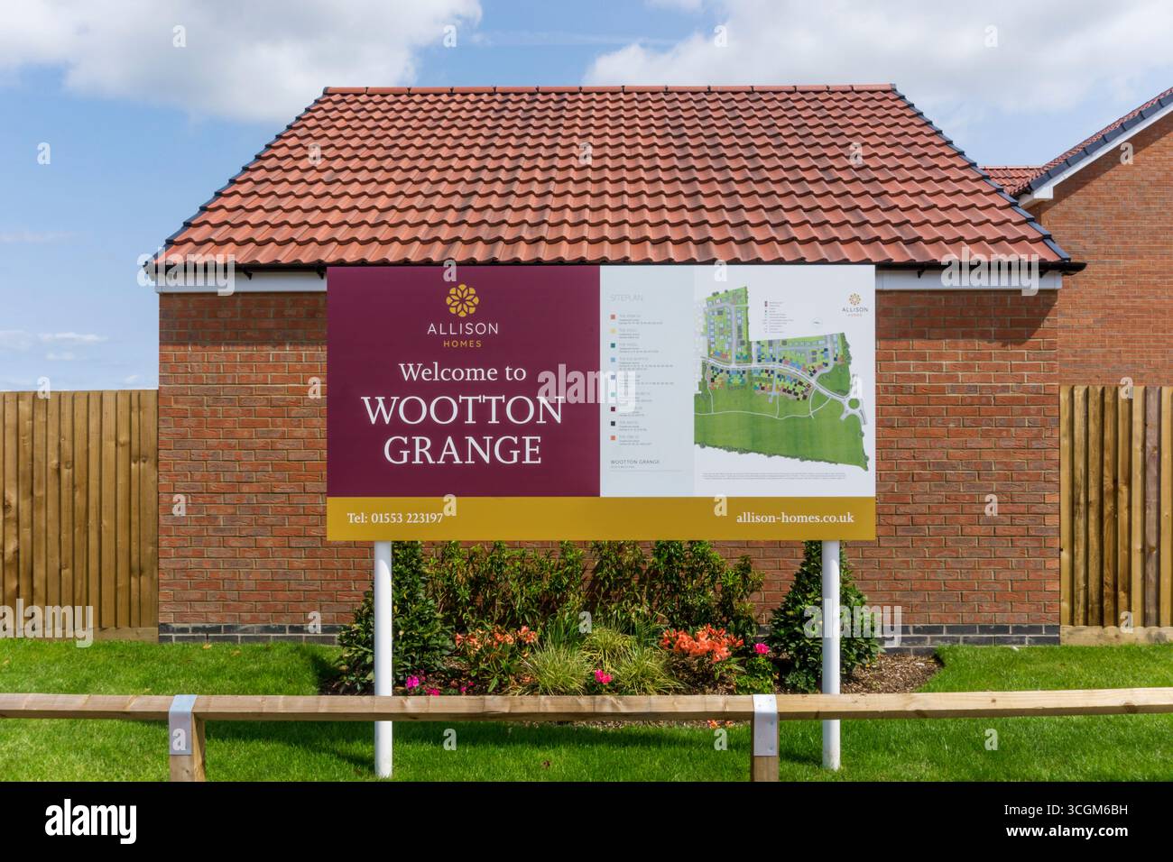 Benvenuto al Wootton Grange Sign & Street plan, una proprietà di nuove case a South Wootton, alla periferia di King's Lynn, Norfolk. Foto Stock