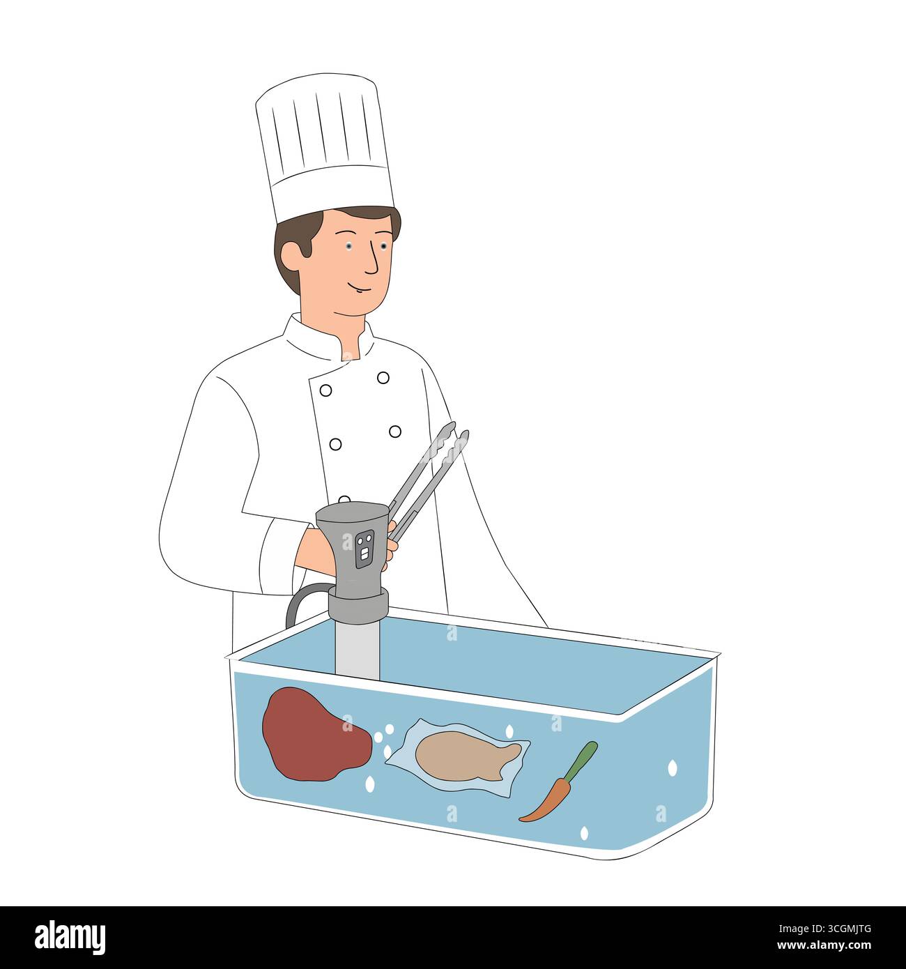 Uno chef professionista che utilizza un dispositivo sous vide per cucinare carne, pesce e verdure in un bagno d'acqua per risultati precisi e saporiti. Illustrazione Vettoriale