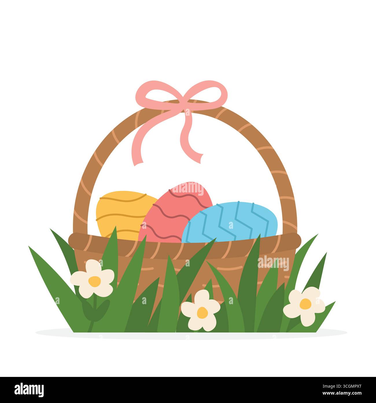 Cestino pieno di uova di pasqua colorate nell'erba; concetto di caccia all'uovo che è un gioco tipico giocato durante la Pasqua - illustrazione vettoriale Illustrazione Vettoriale