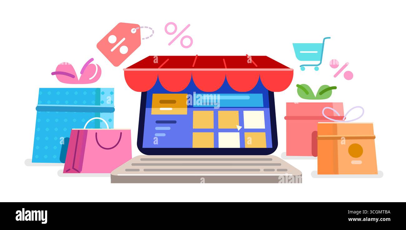 Notebook per lo shopping online. Negozio digitale, concetto di e-commerce. Vendita al dettaglio su Internet, marketing con negozio web Illustrazione Vettoriale