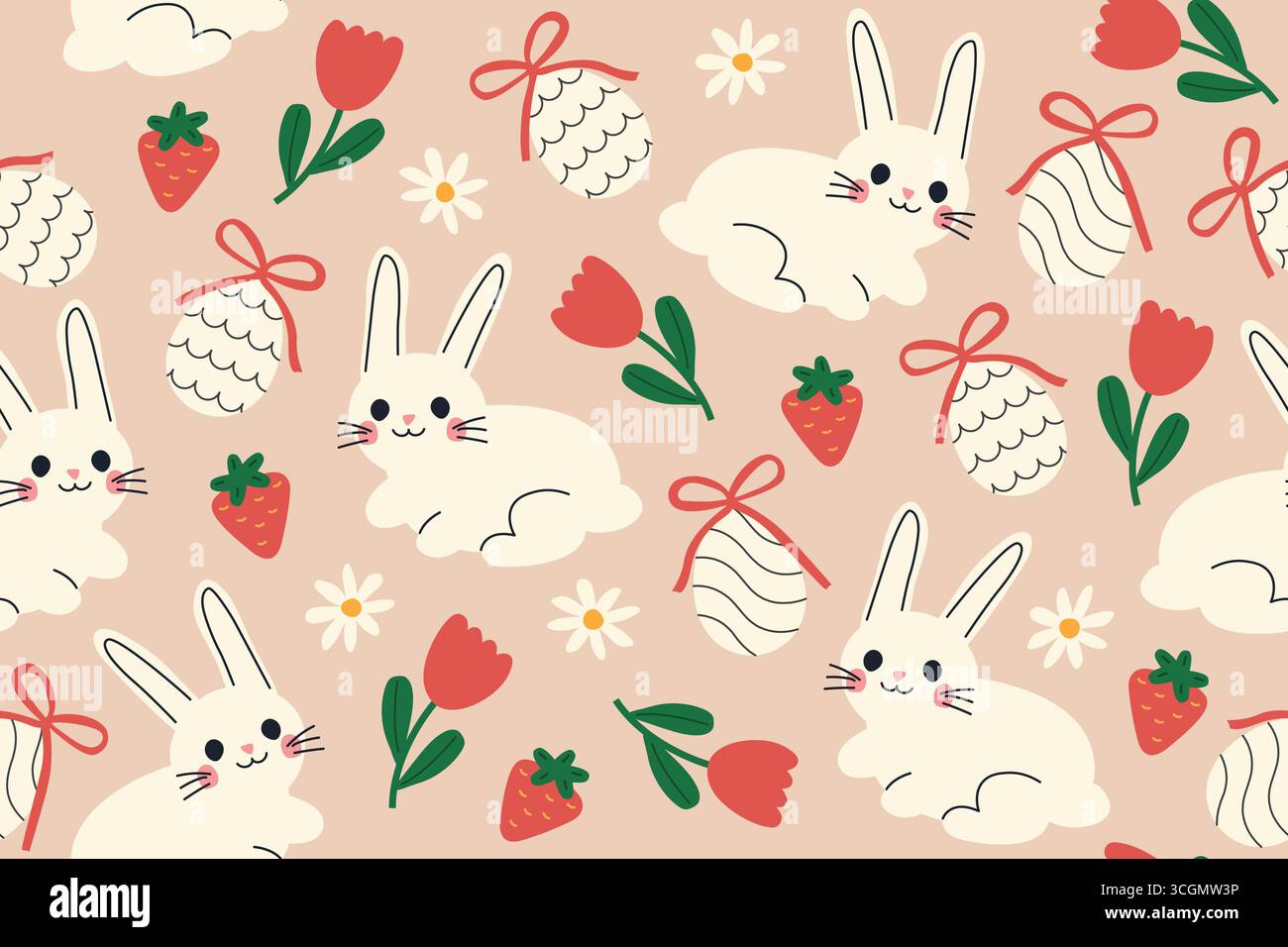 pasqua, primavera senza cuciture con coniglietti, fragole, uova e fiori; ideale per confezionare, biglietti d'auguri, grafica dei social media - immagine vettoriale Illustrazione Vettoriale
