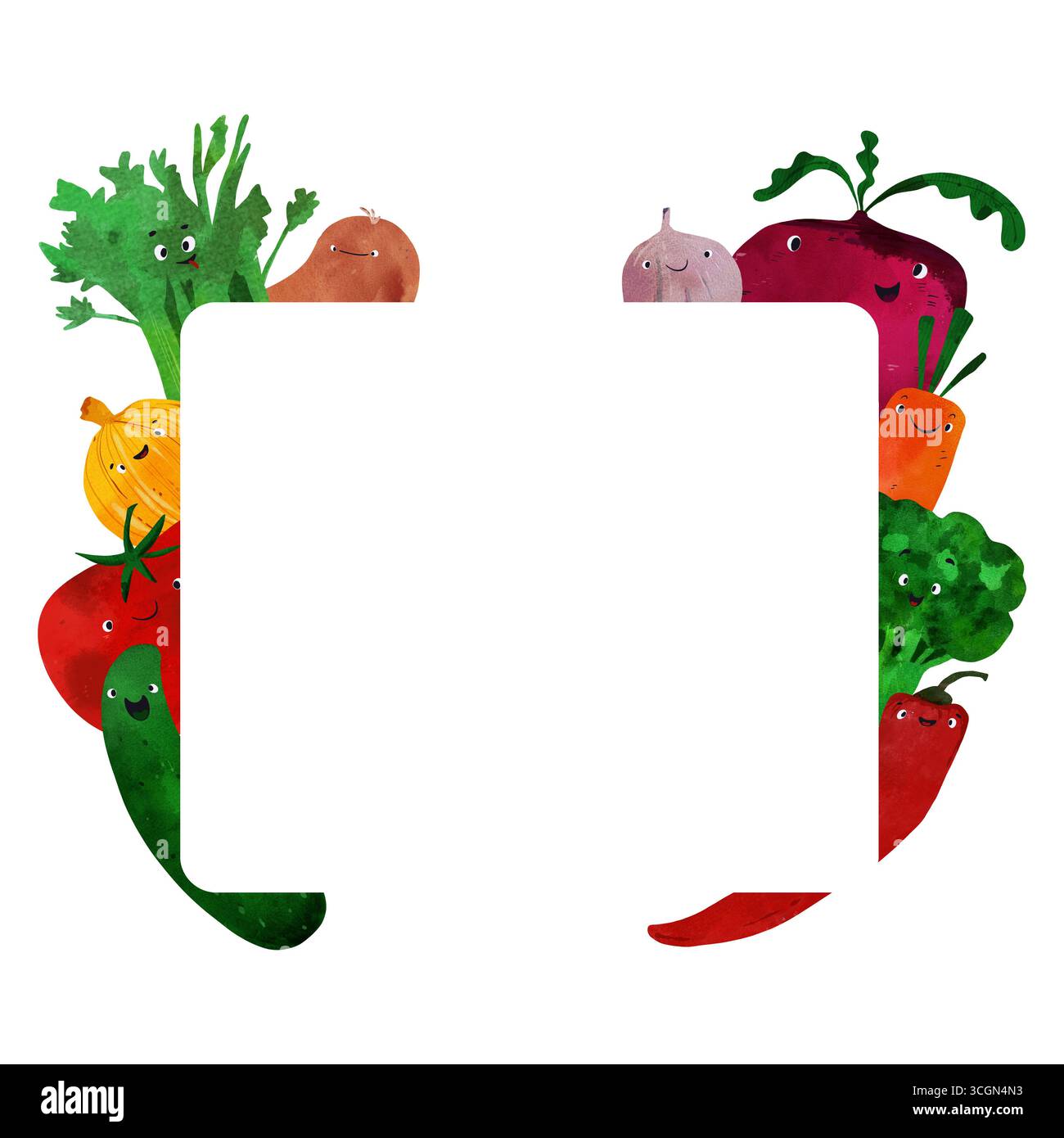 Adorabile cornice ad acquerello di verdure felici con volti carini: Pepe, carote, cetrioli, barbabietole, sedano, pomodoro, patate, broccoli. Bambini divertenti Foto Stock