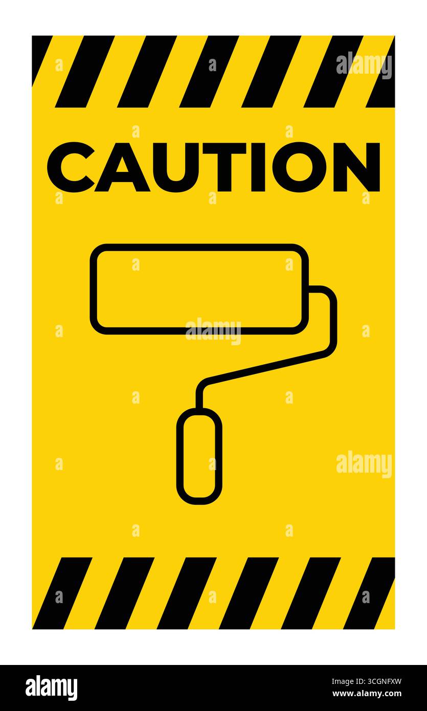 Cartello di avvertenza giallo brillante con una semplice illustrazione del rullo per pittura. Perfetto per segnaletica di sicurezza nei cantieri edili o nei progetti di ristrutturazione domestica. Illustrazione Vettoriale