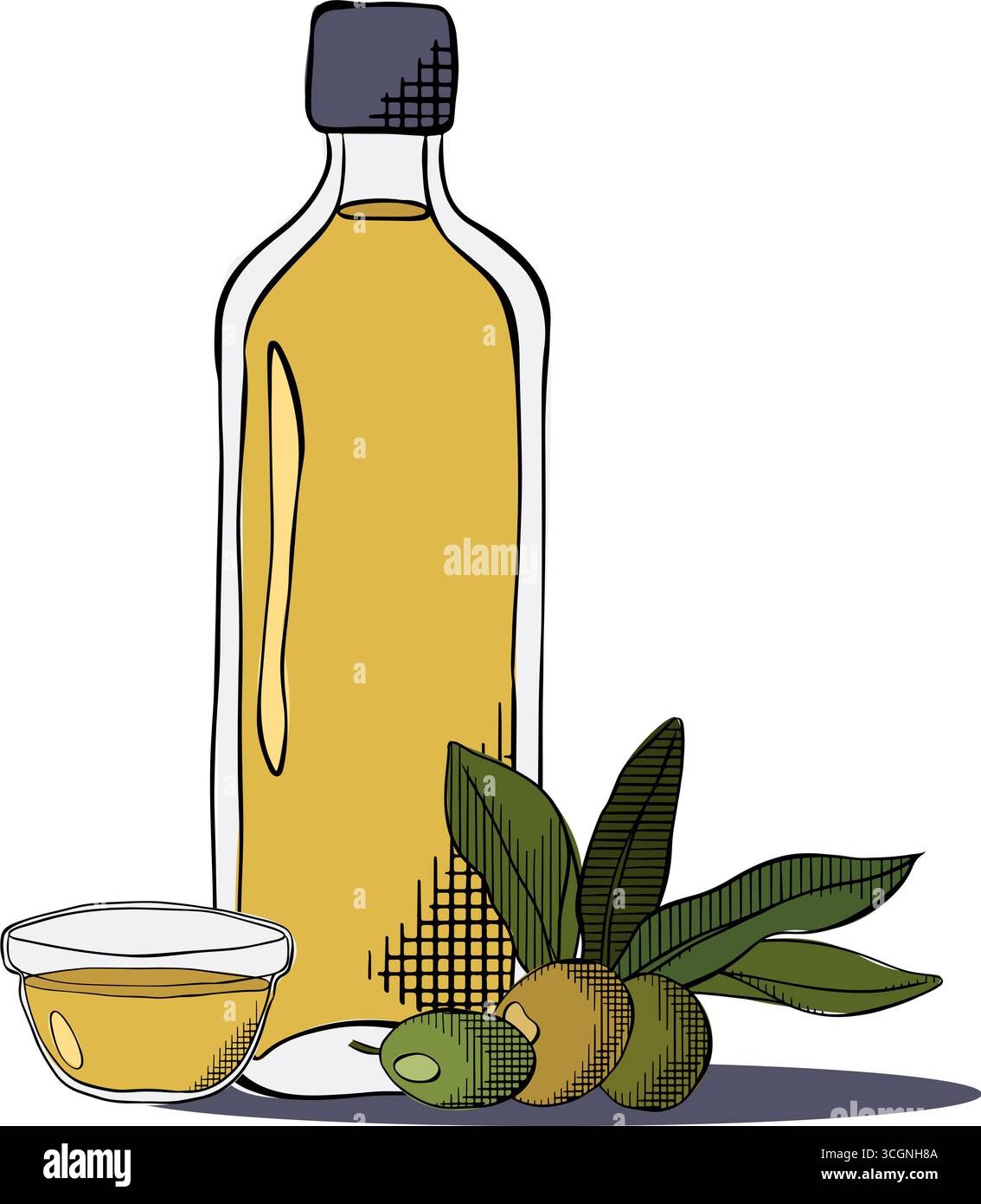Bottiglia di olio d'oliva, recipiente, bacche e foglie verdi. Disegnare un'illustrazione disegnata a mano con le olive e le foglie immagine grafica vettoriale a colori. Illustrazione Vettoriale