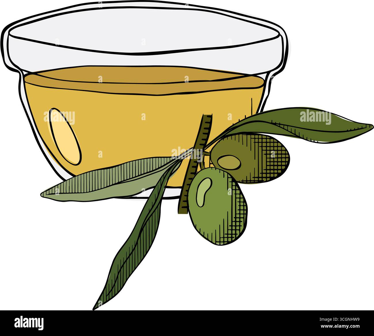 Ciotola di olio naturale decorata con ramoscello d'oliva, composizione ciotola per olio d'oliva. Illustrazione colorata con inchiostro a linee grafiche vettoriali. Olio d'oliva, ciotola, ramo, BE Illustrazione Vettoriale