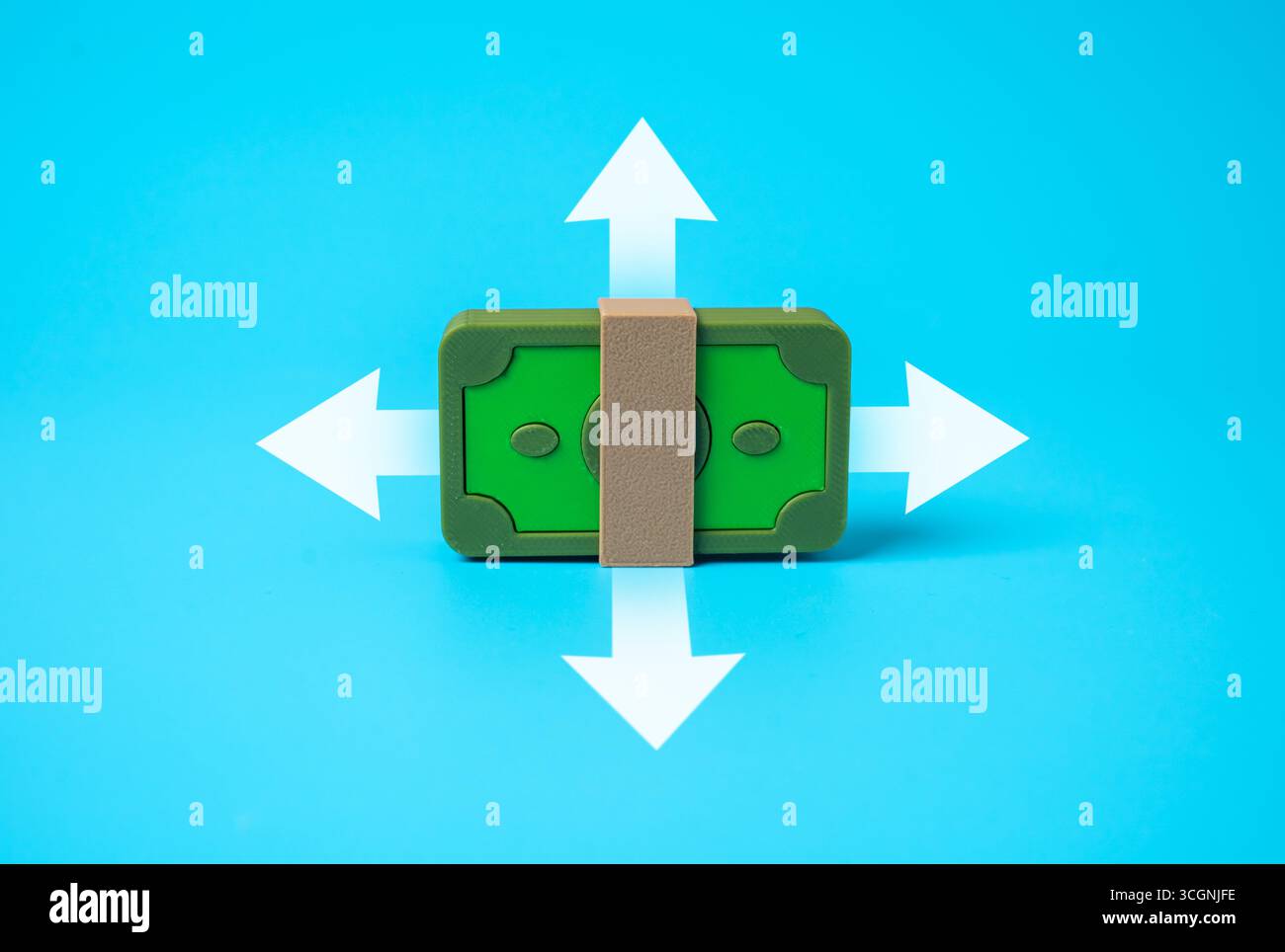 Distribuire denaro per esigenze e requisiti. Distribuzione di bilancio, allocazione salariale, pianificazione finanziaria, gestione delle spese, saldo dei risparmi, economico Foto Stock