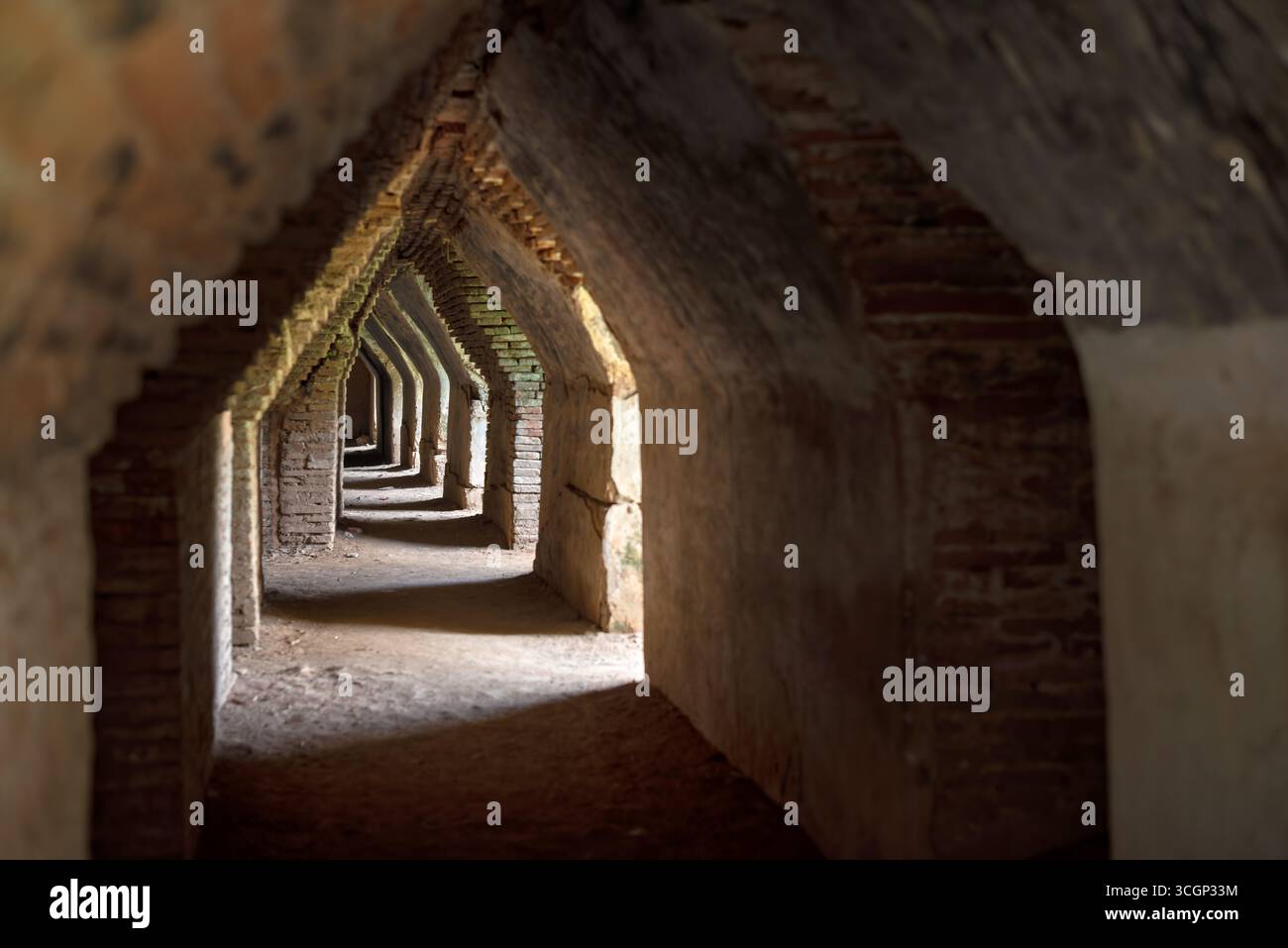 Maha Aung Mye Bon San Monastero interno del XIX secolo archi di mattoni Inwa Myanmar // INWA, Myanmar - archi di mattoni interni sono visibili all'interno del monastero di Maha Aung Mye Bon San (noto anche come Maha Aung Mye Bonzan o me Nu Oak-Kyaung), un monastero di mattoni del XIX secolo del periodo Konbaung. Fu costruito nel 1822 dalla regina Nanmadaw me Nu per l'abate reale Nyaunggan Sayadaw U po. Danneggiato da un terremoto del 1838, il monastero fu restaurato nel 1873 dalla regina Sinphyumashin, figlia di me Nu. Il suo design simula strutture in legno, con tetti multipli e una sovrastruttura a sette livelli della sala delle preghiere. Situato Foto Stock