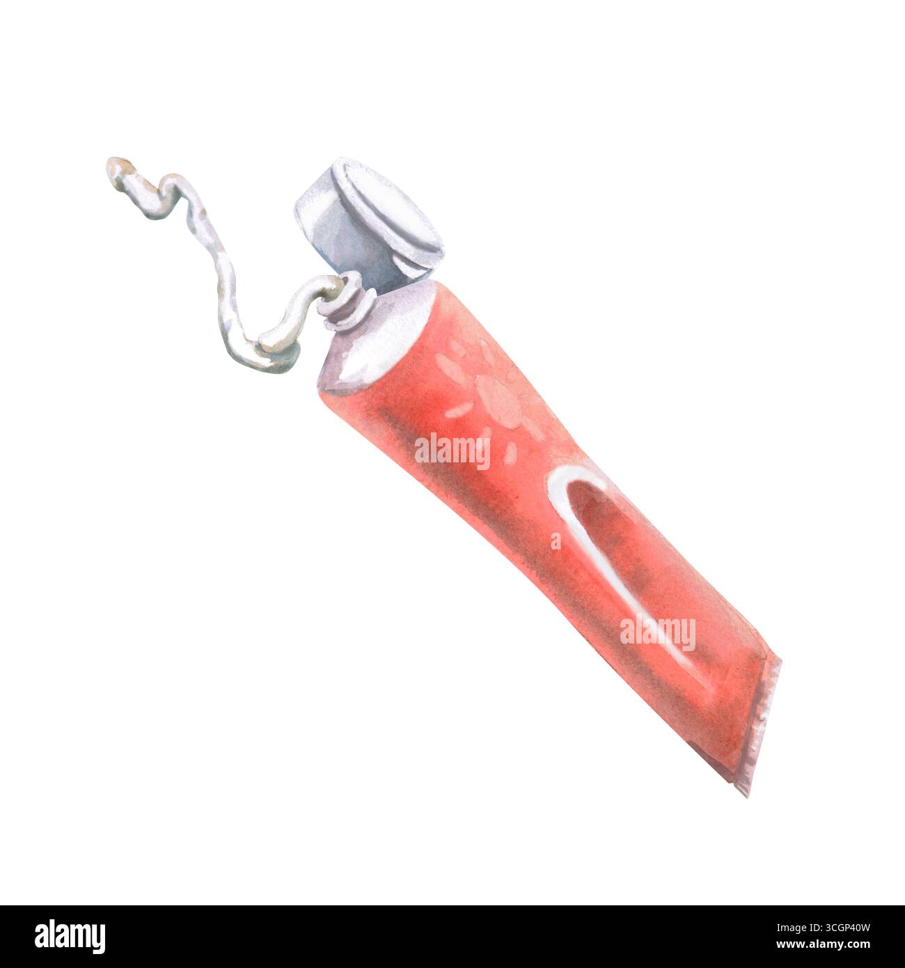 Composizione con un tubo aperto, crema solare spremuta e un tappo. Illustrazione isolata ad acquerello per il design di poster sul tema delle attività ricreative sul mare Foto Stock