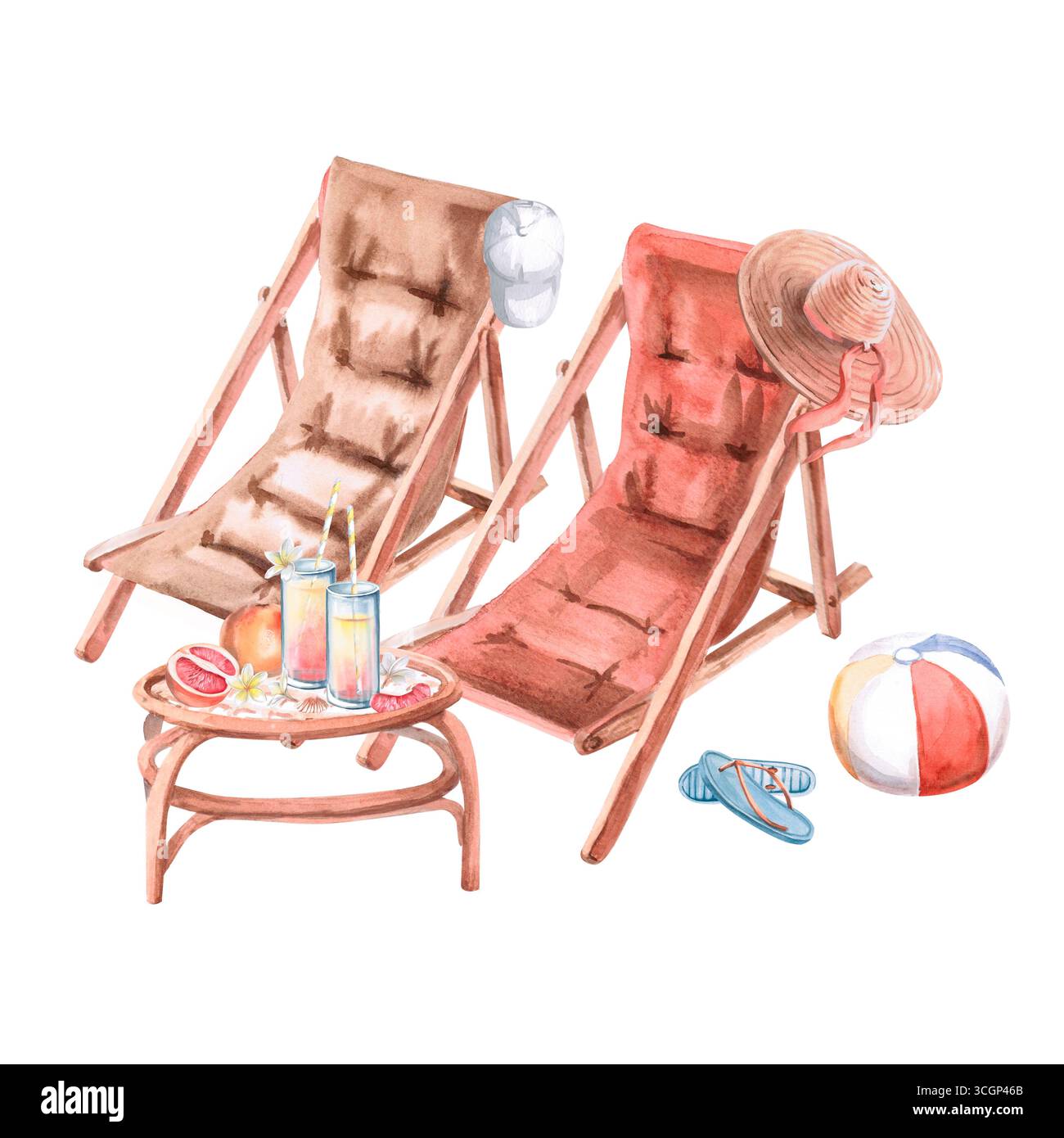 Due lettini, un tavolo con succhi di frutta, una palla e infradito. Illustrazione isolata ad acquerello sul tema di una vacanza al mare per il design di resta Foto Stock