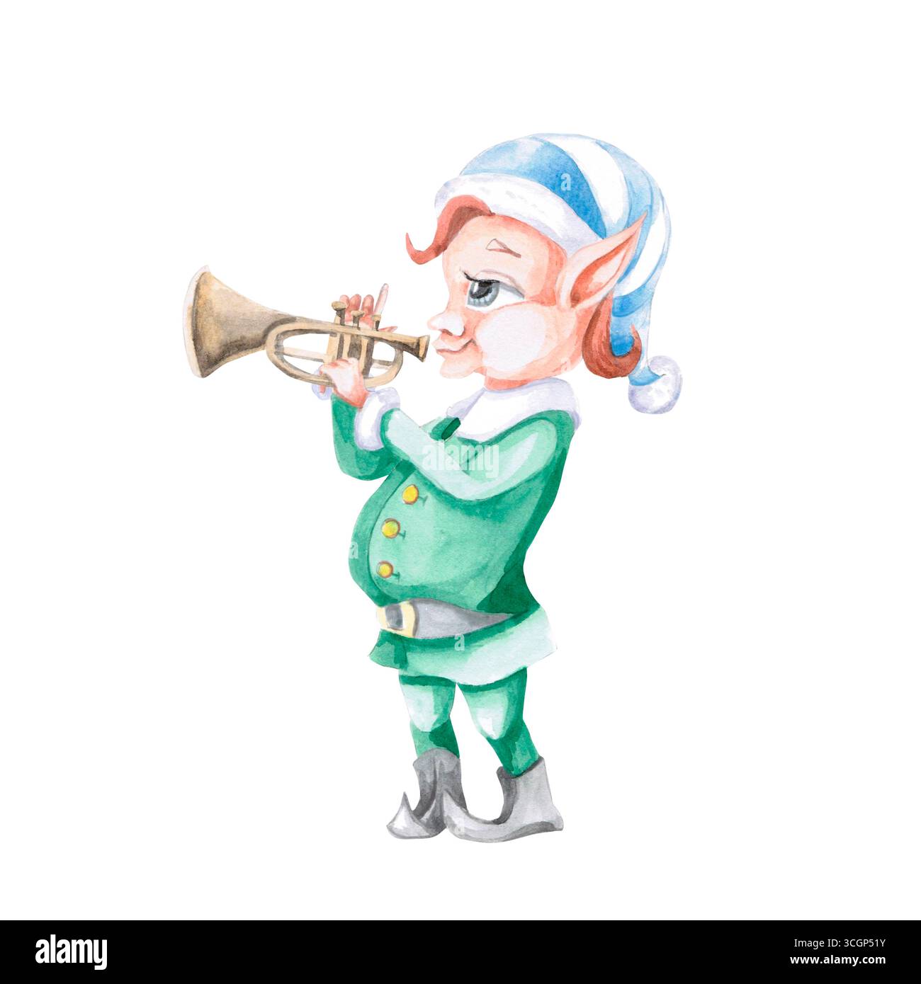 Elfo di Natale che suona la tromba. Illustrazione isolata ad acquerello di un personaggio fiabesco per la progettazione di cartoline, inviti, imballaggi, pri Foto Stock