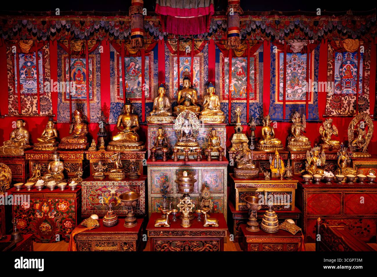 Smithsonian Asian Art Museum sala del Santuario tibetano sculture in bronzo dorato Washington DC USA // WASHINGTON DC - la sala del Santuario tibetano presso lo Smithsonian Asian Art Museum espone sculture buddiste in bronzo dorato e dipinti thangka. Questa coinvolgente installazione evoca un tradizionale santuario buddista tibetano, che riflette le tradizioni artistiche e spirituali himalayane. Si tratta di un'importante mostra situata nel National Mall. Lo Smithsonian Asian Art Museum comprende la Freer Gallery of Art e la Arthur M. Sackler Gallery, dedicata all'arte e alle culture asiatiche. Questo display culturale offre Foto Stock