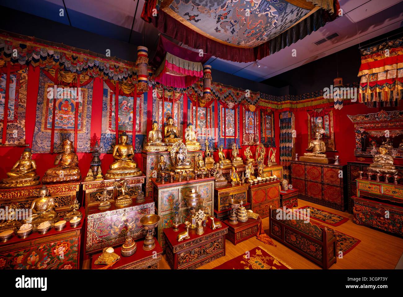 Smithsonian National Museum of Asian Art sala del Santuario tibetano statue buddiste Thangkas Washington DC // WASHINGTON DC - la sala del Santuario tibetano presso lo Smithsonian National Museum of Asian Art mostra arte buddista himalayana e oggetti rituali. Numerose statue in bronzo dorato di Buddha e Bodhisattvas sono disposte su altari ornamentali a gradini. Vivaci thangka (dipinti a pergamena buddista tibetano) e tessuti colorati adornano le pareti, creando un immersivo spazio sacro. Offerte e attrezzi rituali, tra cui lampade a burro, mandalas e vasi cerimoniali, sono meticolosamente esposti o Foto Stock