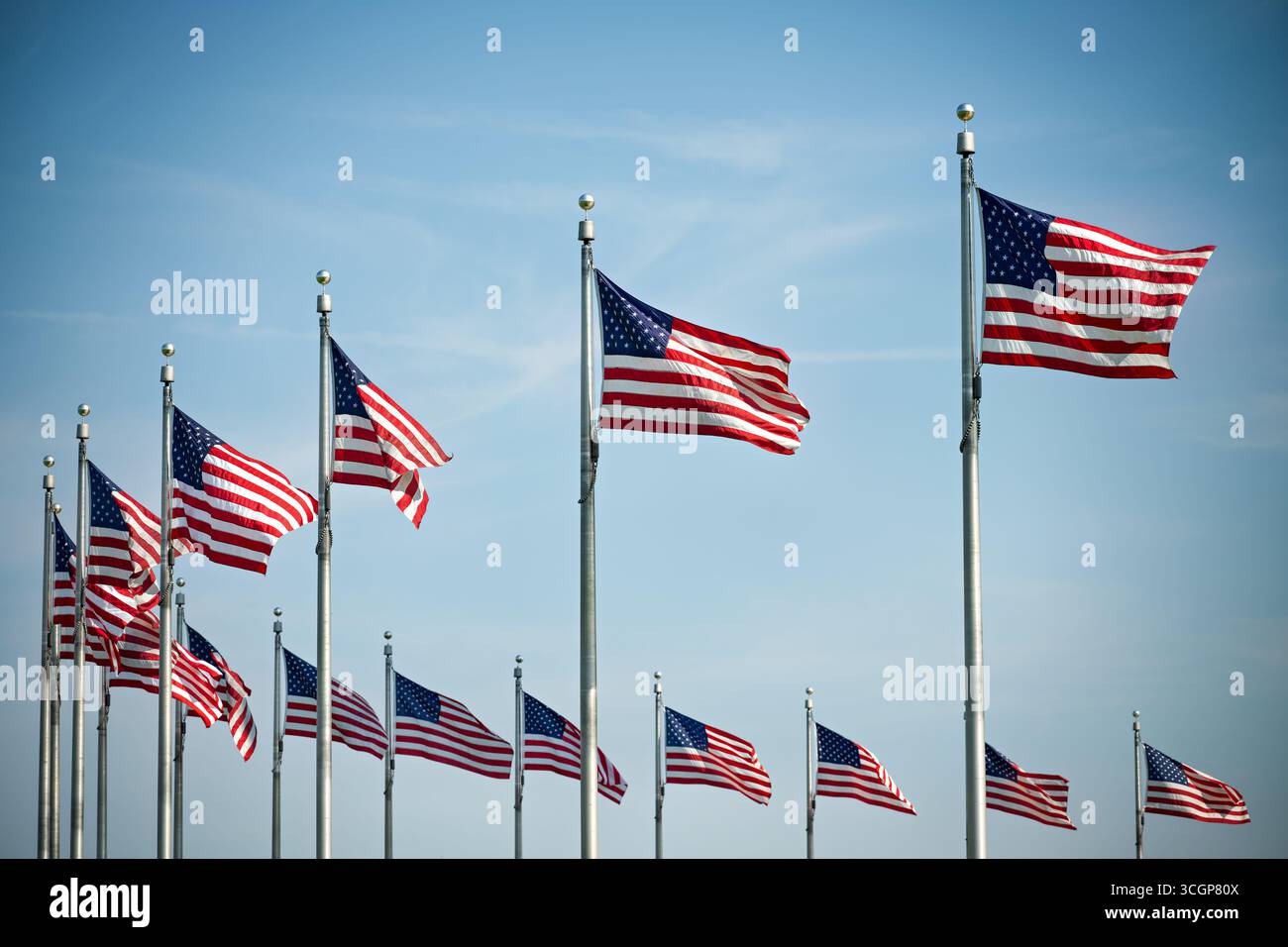 Washington Monument United States Flags at ITS base Washington DC // WASHINGTON DC — le bandiere degli Stati Uniti volano alla base del Washington Monument. Questo iconico obelisco onora George Washington, il primo presidente della nazione. Il monumento è la struttura in pietra e l'obelisco più alti del mondo, che misura 169,29 metri (555 piedi e 1/8 pollici) di altezza. È un punto di riferimento centrale del National Mall, un importante parco nazionale nel centro di Washington DC. Gestito dal National Park Service, questo monumento simboleggia la storia e il patriottismo americani. Foto Stock