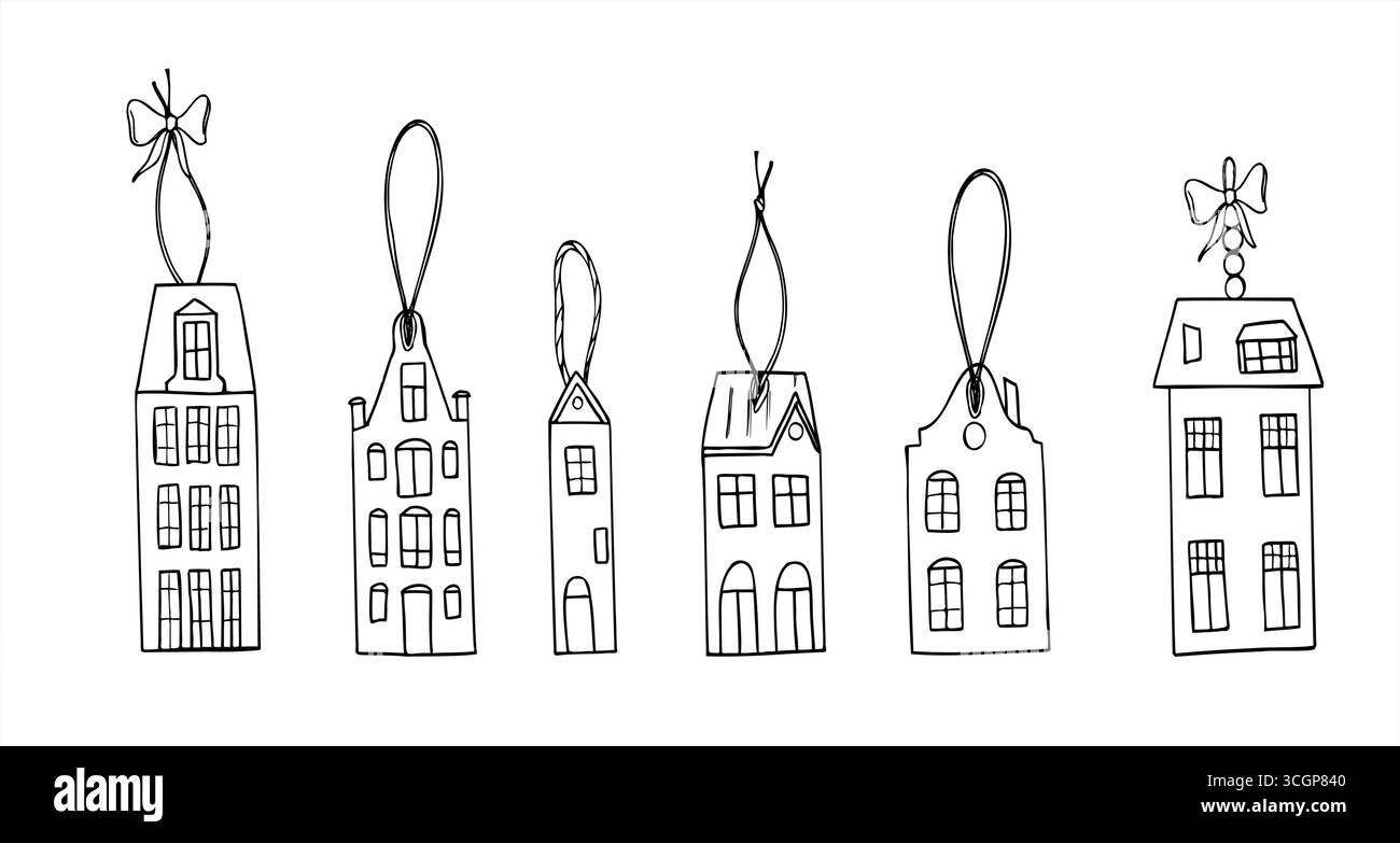 Case europee gotiche come decorazioni per l'albero carismatico vettoriale monocromatico in stile lineare. Schizzo grafico delle silhouette cittadine per le feste vintage Illustrazione Vettoriale