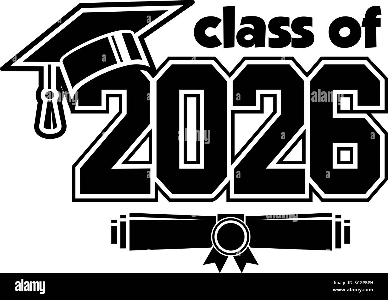 Classe lettering di 2026 per saluto, biglietto d'invito. Testo per il design di una laurea, un evento di congratulazioni, una maglietta, una festa, una scuola superiore o un diploma universitario Illustrazione Vettoriale