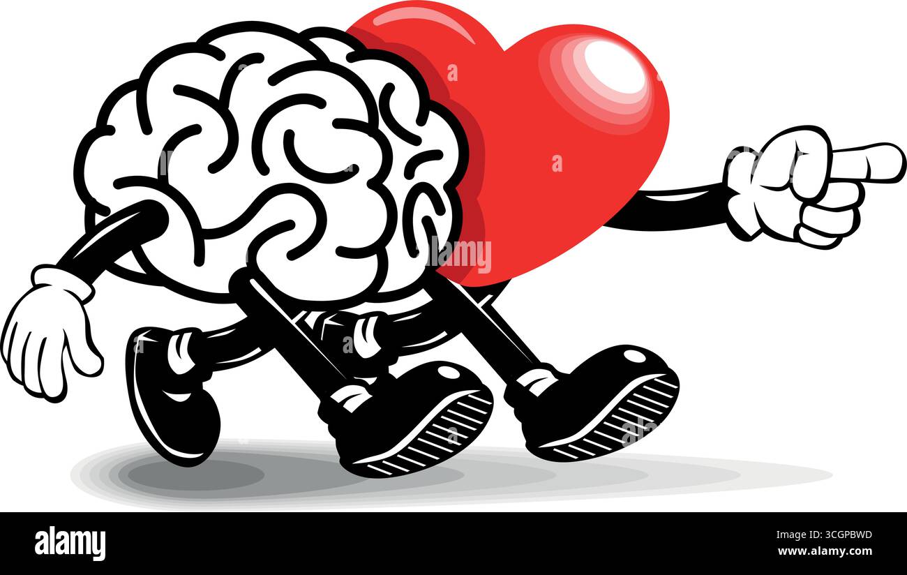 Cervello e cuore vanno insieme nella direzione in cui il cuore punta. Vettore cartoon su sfondo trasparente Illustrazione Vettoriale