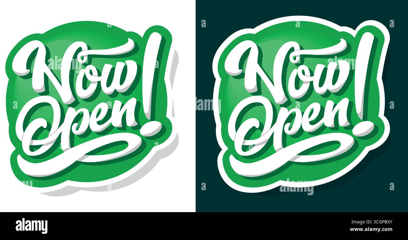 Ora apri il cartello scritto a mano. Adesivo vettoriale su sfondo trasparente e scuro Illustrazione Vettoriale