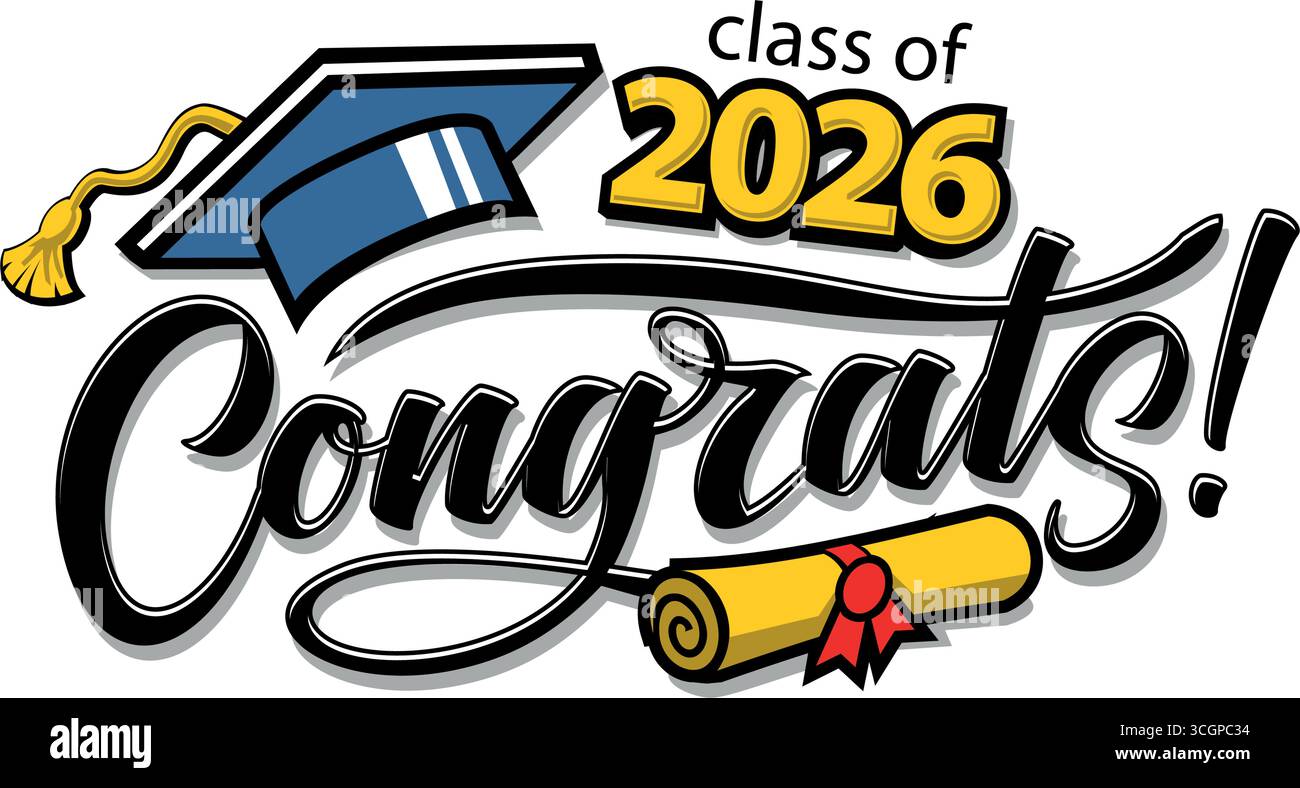 Complimenti per i laureati modello modificabile per messaggio di saluto e biglietto d'invito. Classe 2026 modello di design alla moda con cappello di laurea, diploma scroll e Illustrazione Vettoriale