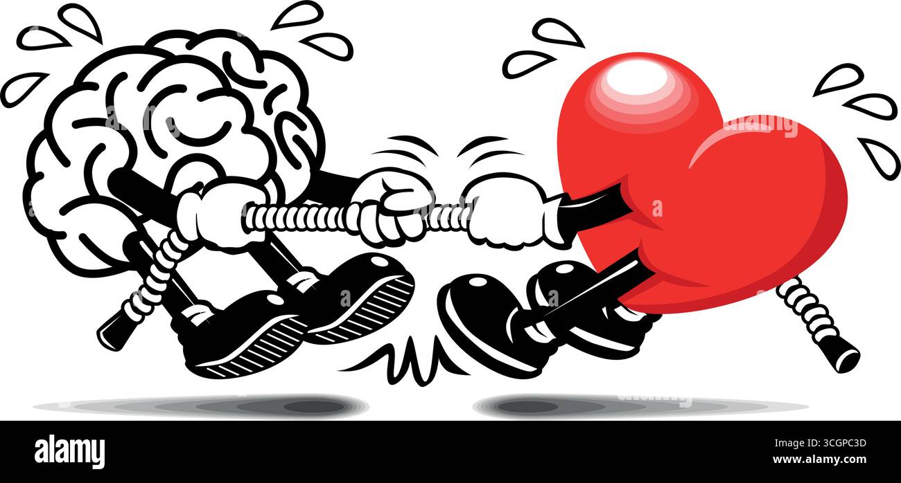 Il cervello e il cuore tirano la guerra. La lotta tra mente e sentimenti. Vettore cartoon su sfondo trasparente Illustrazione Vettoriale