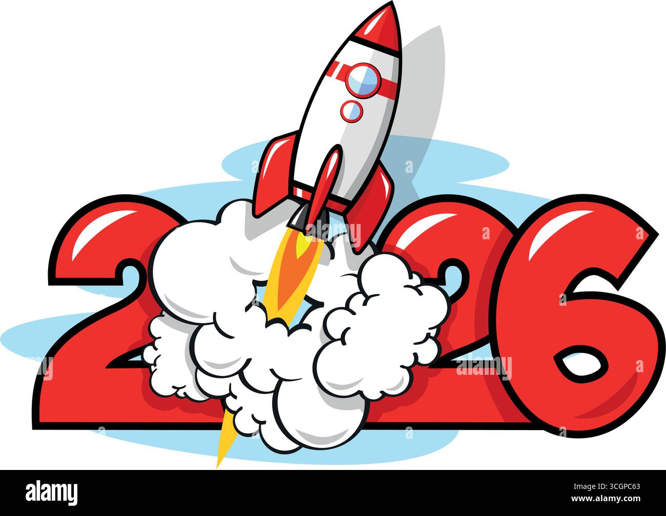 2026 anni di lancio di razzi. Rapida crescita di opportunità, affari, carriera, ricchezza. Modello vettoriale in stile fumetto su sfondo trasparente. Illustrazione Vettoriale