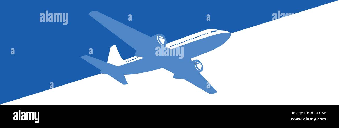L'aereo vola verso l'alto, dividendo il cielo in blu e bianco. Modello vettoriale per l'intestazione della pagina Web Illustrazione Vettoriale