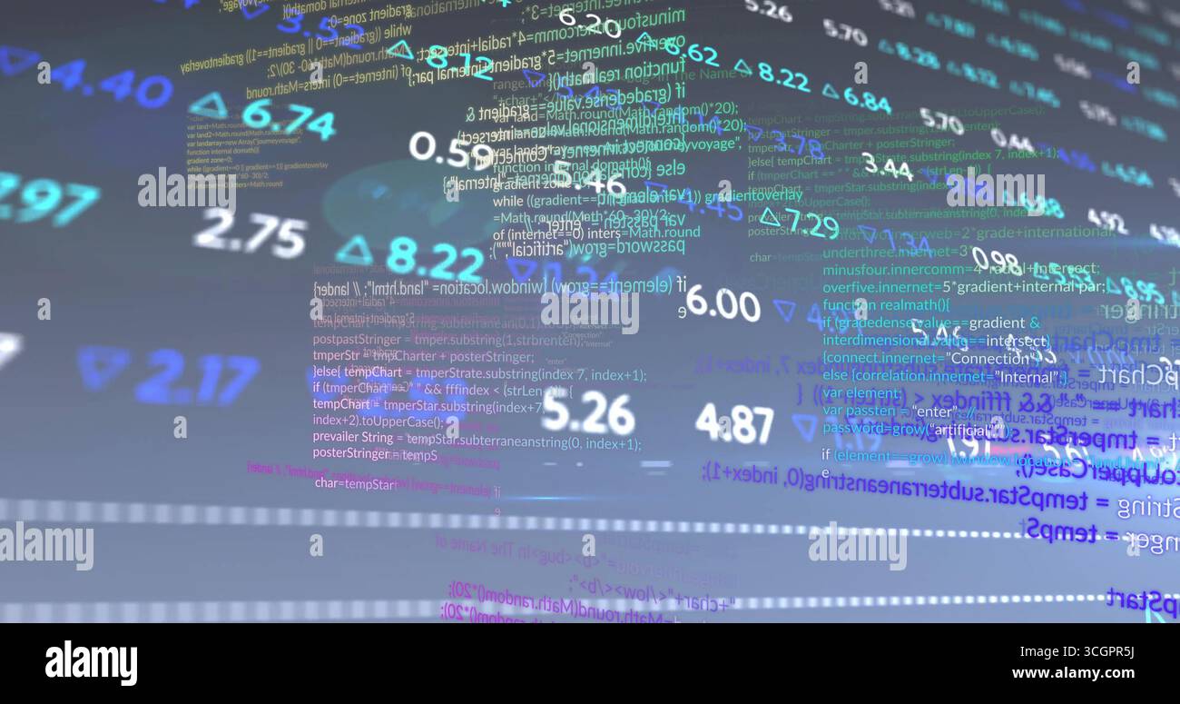 Visualizzazione di dati numerici mobili e codice nello spazio virtuale, con icone triangolari e linee tratteggiate Foto Stock