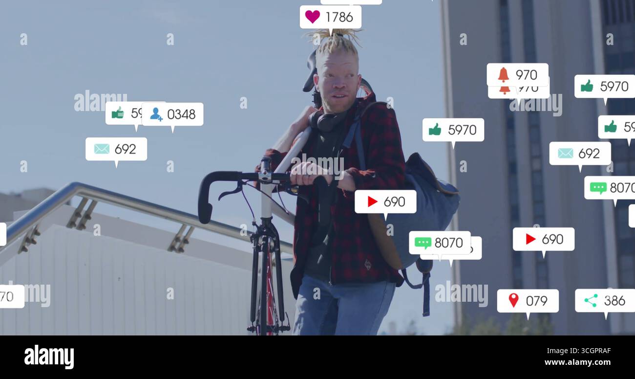 Portare con sé un ciclista che cammina sul ponte, con cuffie e icone fluttuanti dei social media Foto Stock