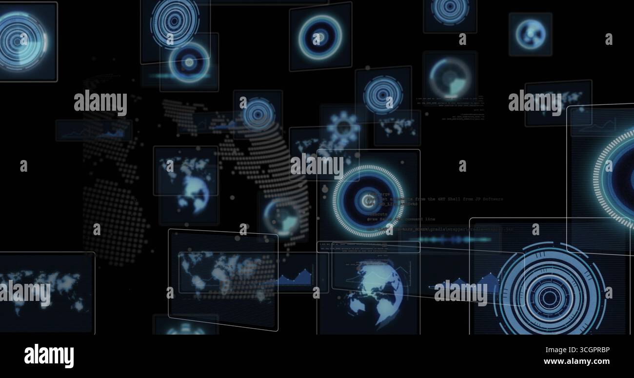 Visualizzazione di schermate olografiche fluttuanti nell'interfaccia di analisi, con mappe mondiali ed elementi HUD Foto Stock