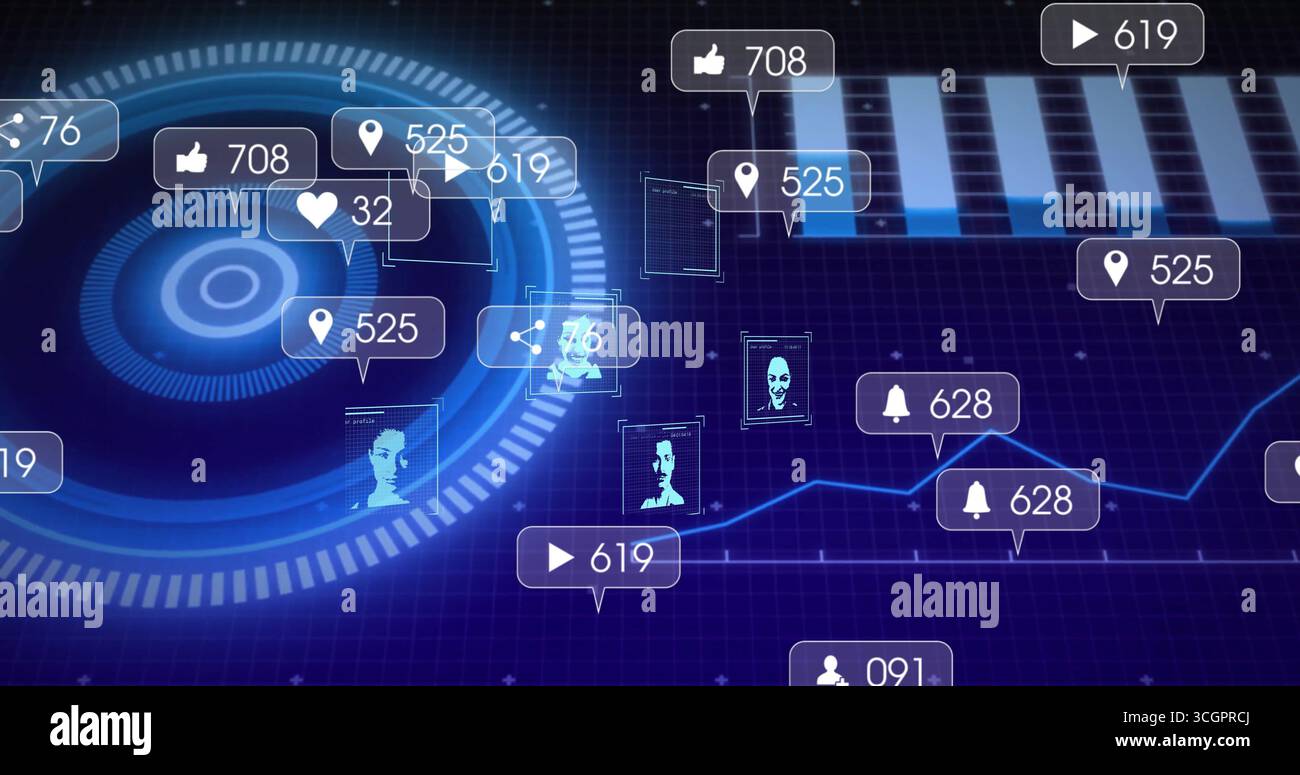 Visualizzazione di un'interfaccia dati futuristica su dashboard virtuale, con indicatori dell'interfaccia utente che mostrano icone e grafici Foto Stock
