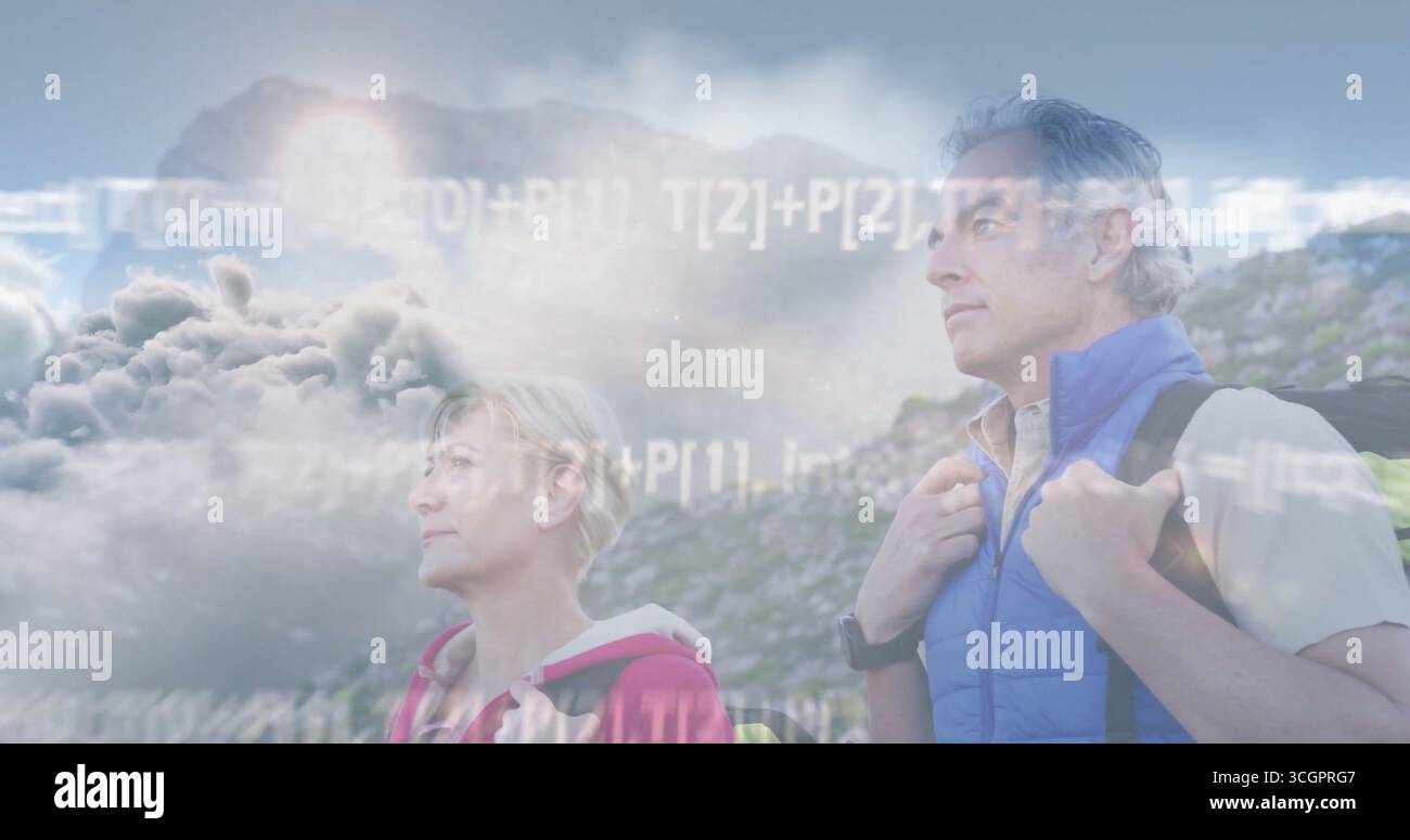 Coppia in piedi che guarda verso l'orizzonte lontano sulla collina con giacche, zaini e codice sovrapposto Foto Stock