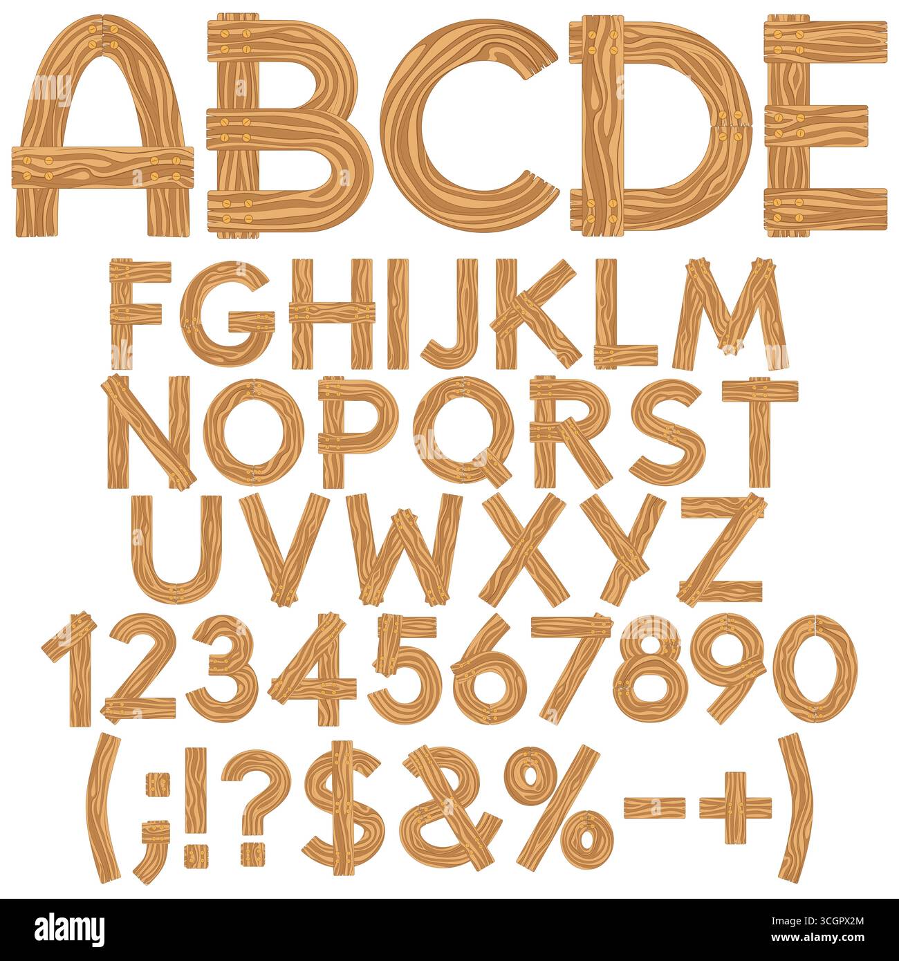 Carattere, alfabeto, lettere, numeri e segni da pannelli di legno. Oggetti vettoriali isolati su sfondo bianco. Illustrazione Vettoriale