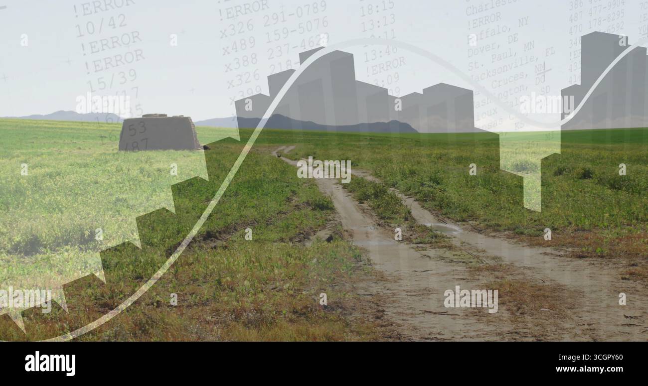 Visualizzazione di strade a due binari tortuose che attraversano prati verdi, con grafici e testo del registro errori Foto Stock