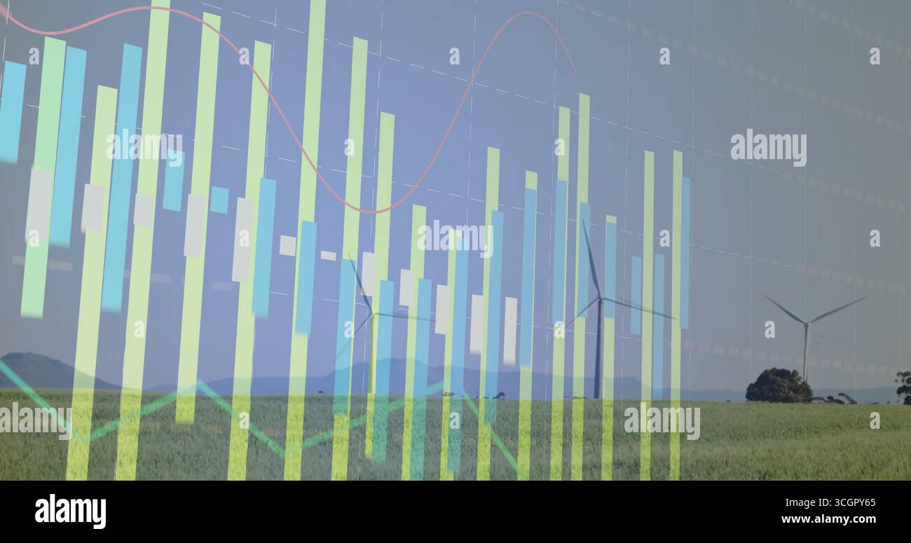 Visualizzazione del grafico a barre traslucido e del grafico a linee che si sovrappongono al prato verde rurale, alle turbine eoliche Foto Stock