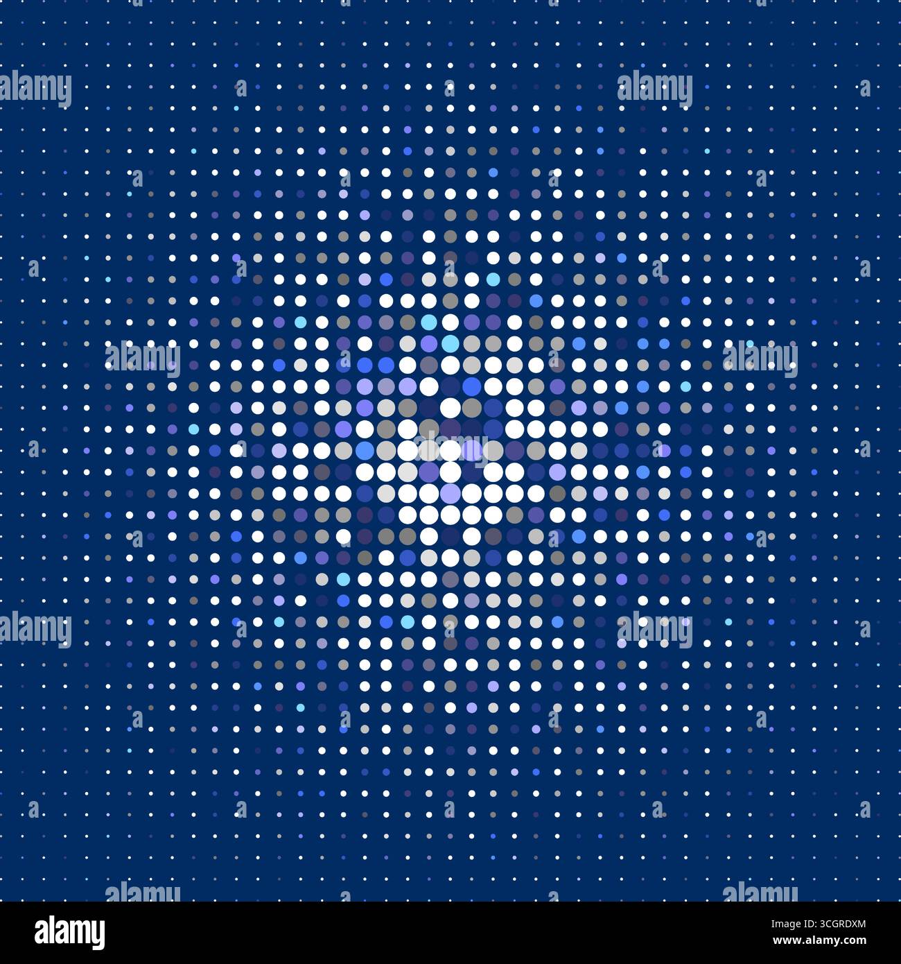 Sfondo blu astratto con molti piccoli punti blu. Semitone con cerchi colorati e al neon. Illustrazione Vettoriale