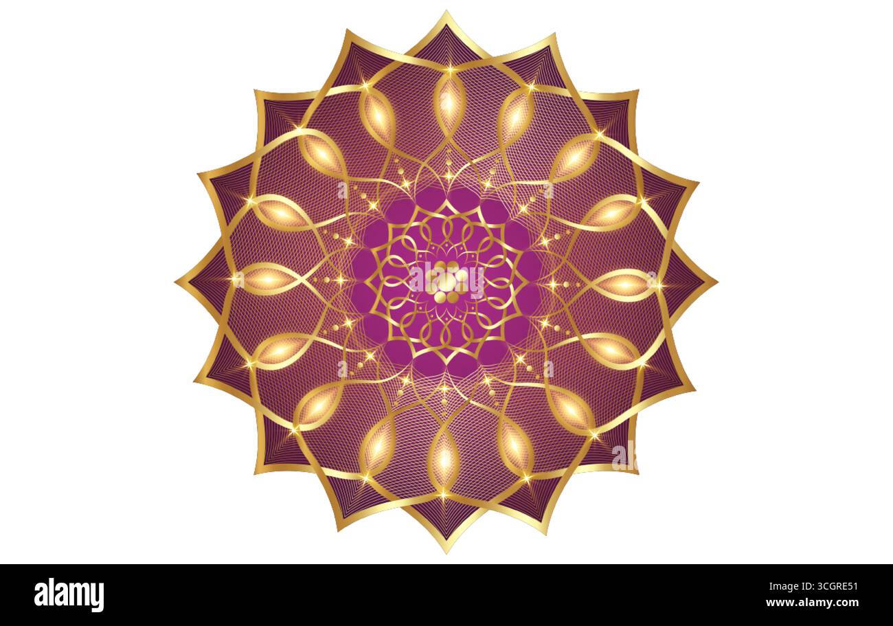 Mandala con fiori di loto, ornamento floreale di lusso in oro, logo arabo. Fiore viola simbolo dello yoga, spa, salone di bellezza, cosmetici, relax, Illustrazione Vettoriale
