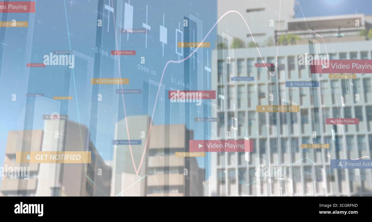 Visualizzazione del grafico finanziario mobile in centro, con barre a candela, grafici a linee e etichette UI Foto Stock