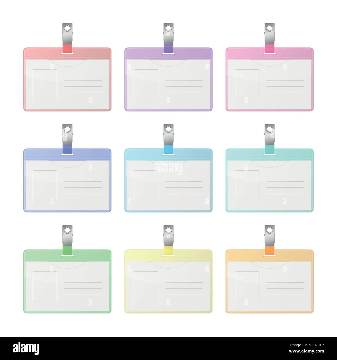 Set di badge ID colorati vettoriali. Modelli di etichette per nomi ufficio orizzontali in rosso, blu, verde, giallo, arancione, turchese. Carta d'identità del dipendente aziendale Illustrazione Vettoriale