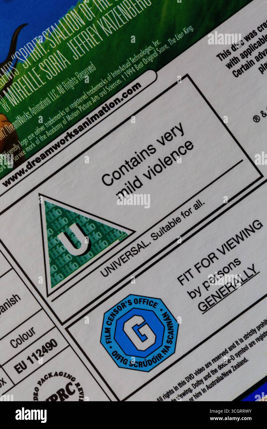 Classificazione U su DVD - classificazione per età della pellicola classificazione bbfc - ufficio del censore G, adatto alla visione da parte di persone in generale Foto Stock