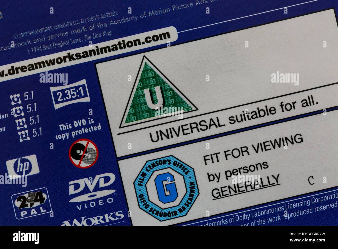 Classificazione U su DVD - classificazione per età della pellicola classificazione bbfc - ufficio del censore G, adatto alla visione da parte di persone in generale Foto Stock