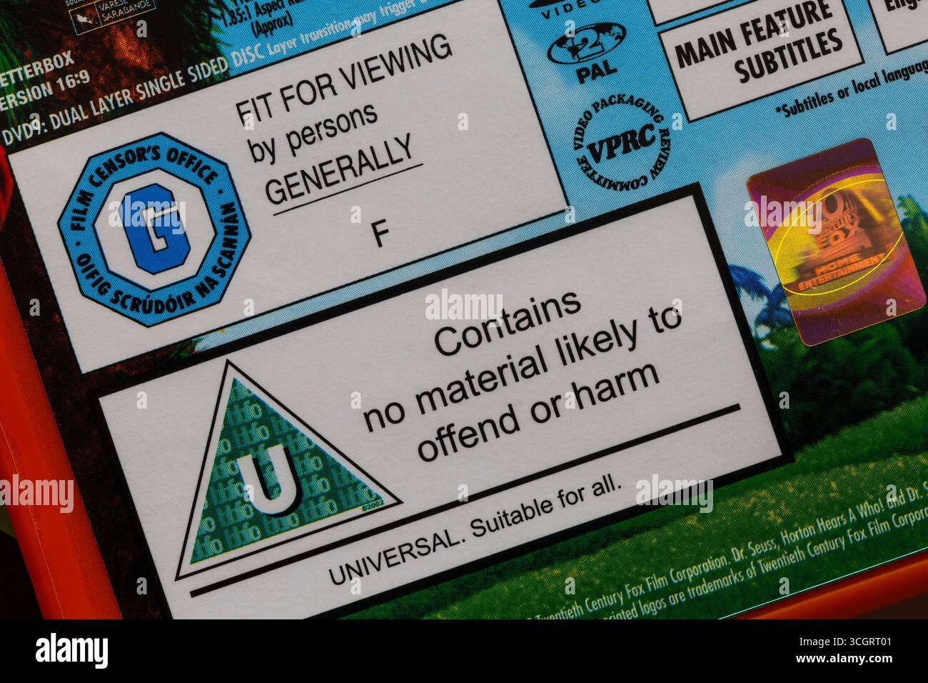 Classificazione U su DVD - classificazione per età della pellicola classificazione bbfc - ufficio del censore G, adatto alla visione da parte di persone in generale Foto Stock