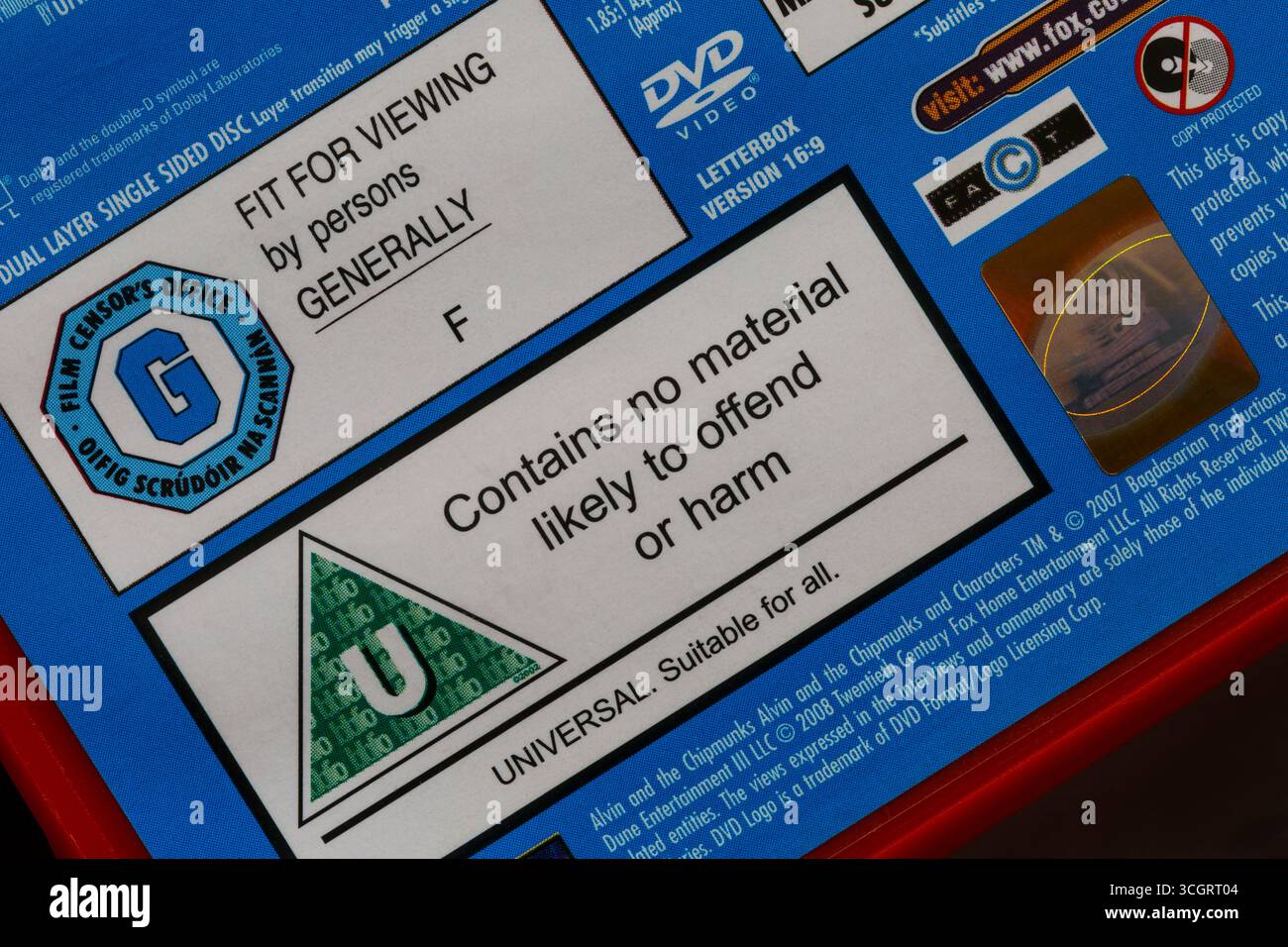 Classificazione U su DVD - classificazione per età della pellicola classificazione bbfc - ufficio del censore G, adatto alla visione da parte di persone in generale Foto Stock
