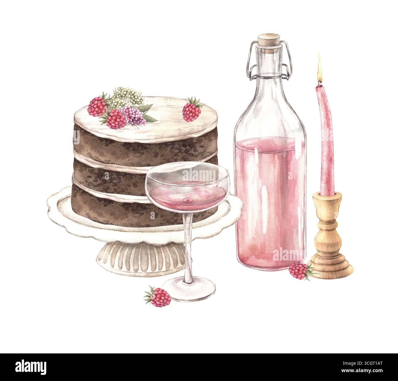 Una torta multistrato con crema bianca, decorata con fiori e lamponi, vino rosa e bicchieri, fiori e candele di cera. Illustrazione acquerello Foto Stock