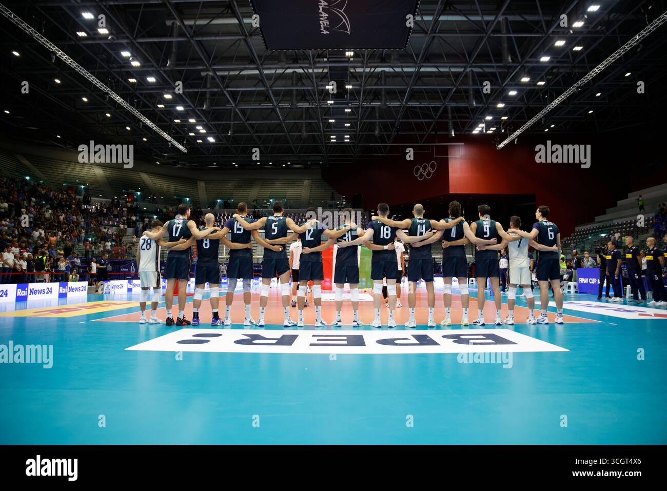 Nazionale italiana durante la COPPA FIPAV MASCHILE ELITE 2025, partita di pallavolo tra la nazionale italiana e la nazionale turca, il 29 agosto 2025, Pala Vela, Torino, Italia. Crediti: Nderim Kaceli/Alamy Live News Foto Stock