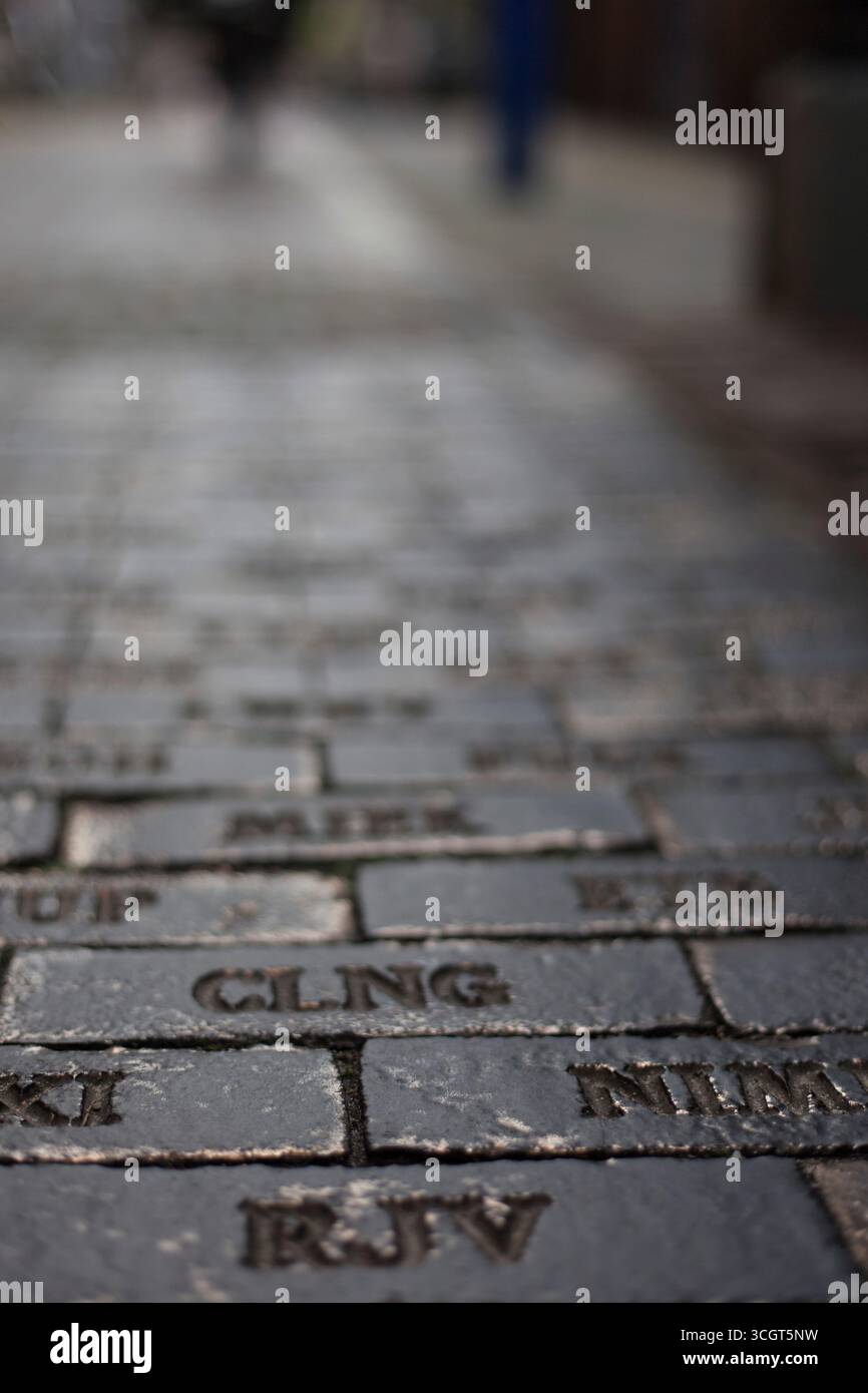 Un percorso con pavimentazione in lastra dorata con scritta sopra Foto Stock