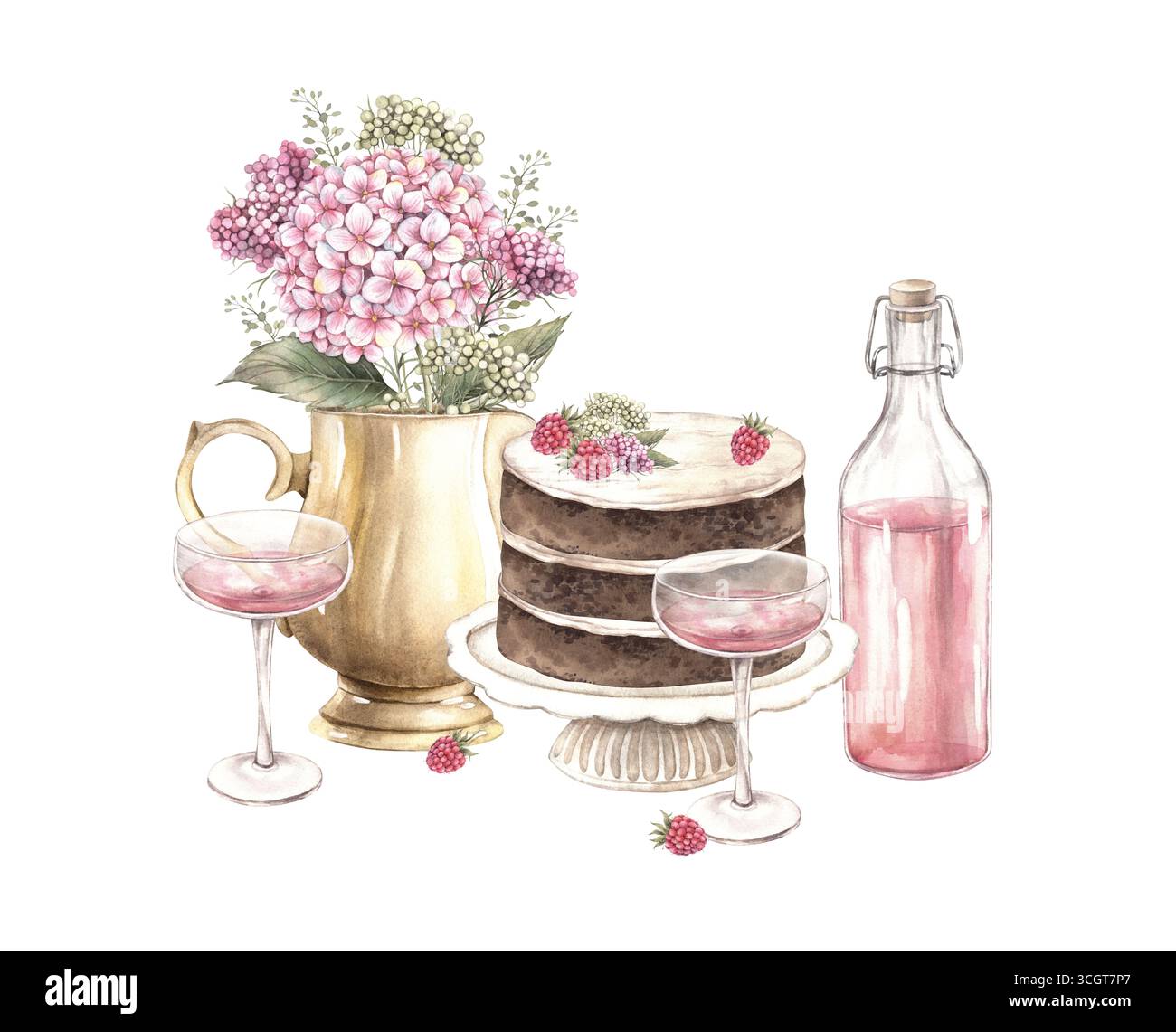 Una torta multistrato con strati di panna, un vaso con fiori di ortensia, vino rosa e bicchieri, lamponi. L'illustrazione acquerello è adatta per Foto Stock