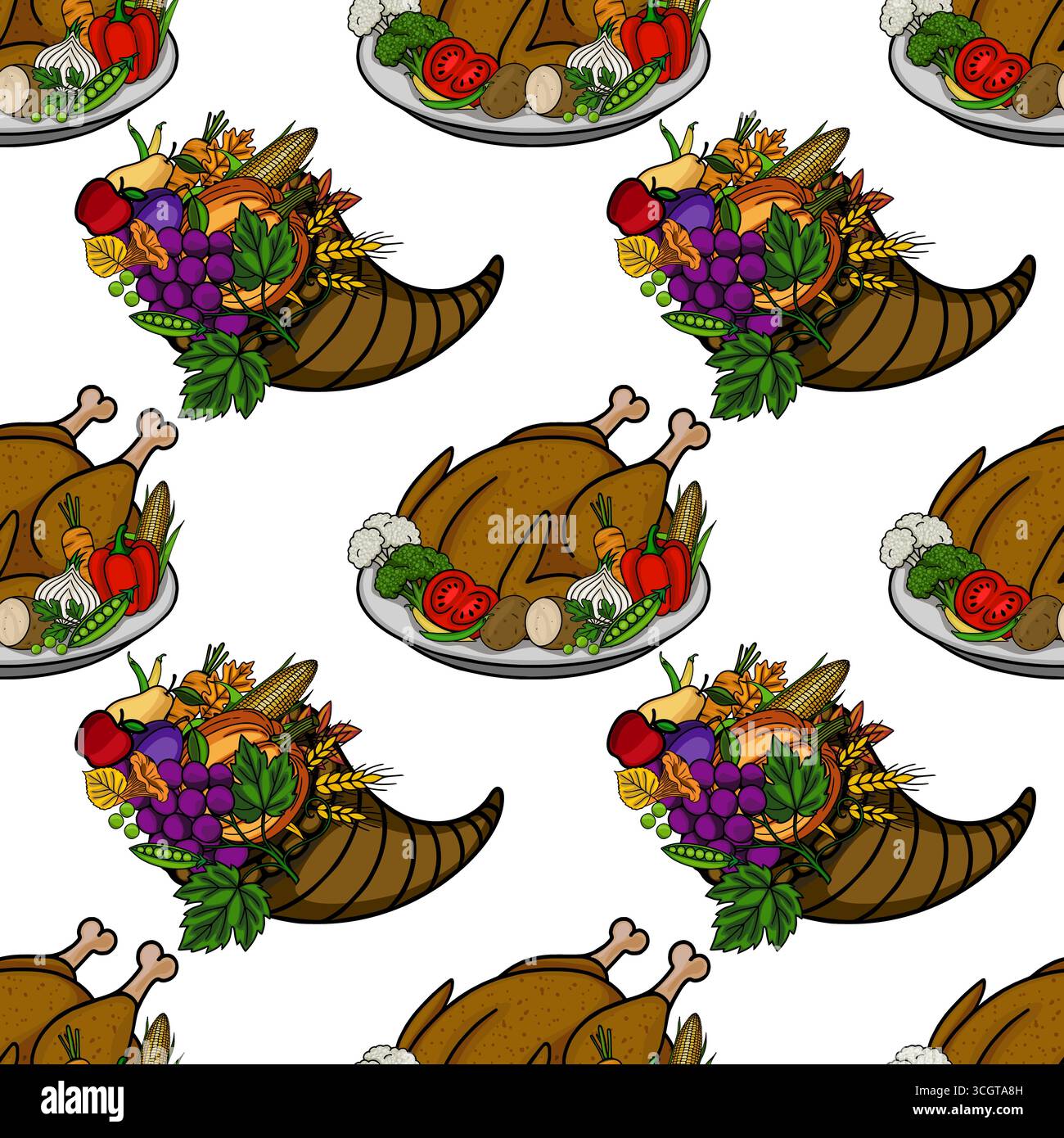 Motivo vettoriale senza cuciture con tacchino arrosto con frutta e verdura autunnali, perfetto per i design a tema del Ringraziamento. Illustrazione Vettoriale