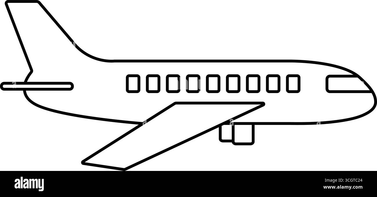 Vista laterale dell'aereo, icona della linea nera vettoriale, simbolo dell'aereo con contorno monocromatico, simbolo di un singolo aereo, colpo jet modificabile Illustrazione Vettoriale