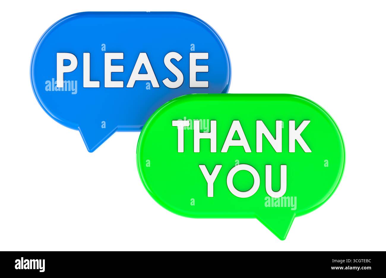 Per favore e grazie, bolle di discorso. Comunicazione educata, concetto. Rendering 3D isolato su sfondo bianco Foto Stock
